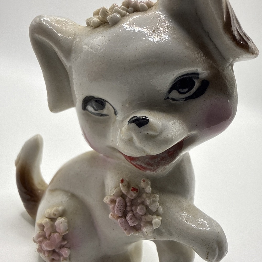 Vintage Miniature White Dog with Spaghetti Sugar Trim Figurine~Japan